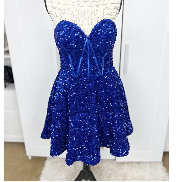 Sherri Hill Blue Sequin Strapless Boned Corset Cocktail Mini Dress Size 10 - Picture 1 of 16